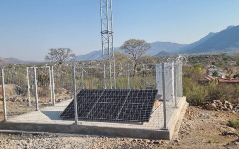 Another small high site tower with solar panels and equipment cabinet. We had to change the cabinet to underground chamber for security.